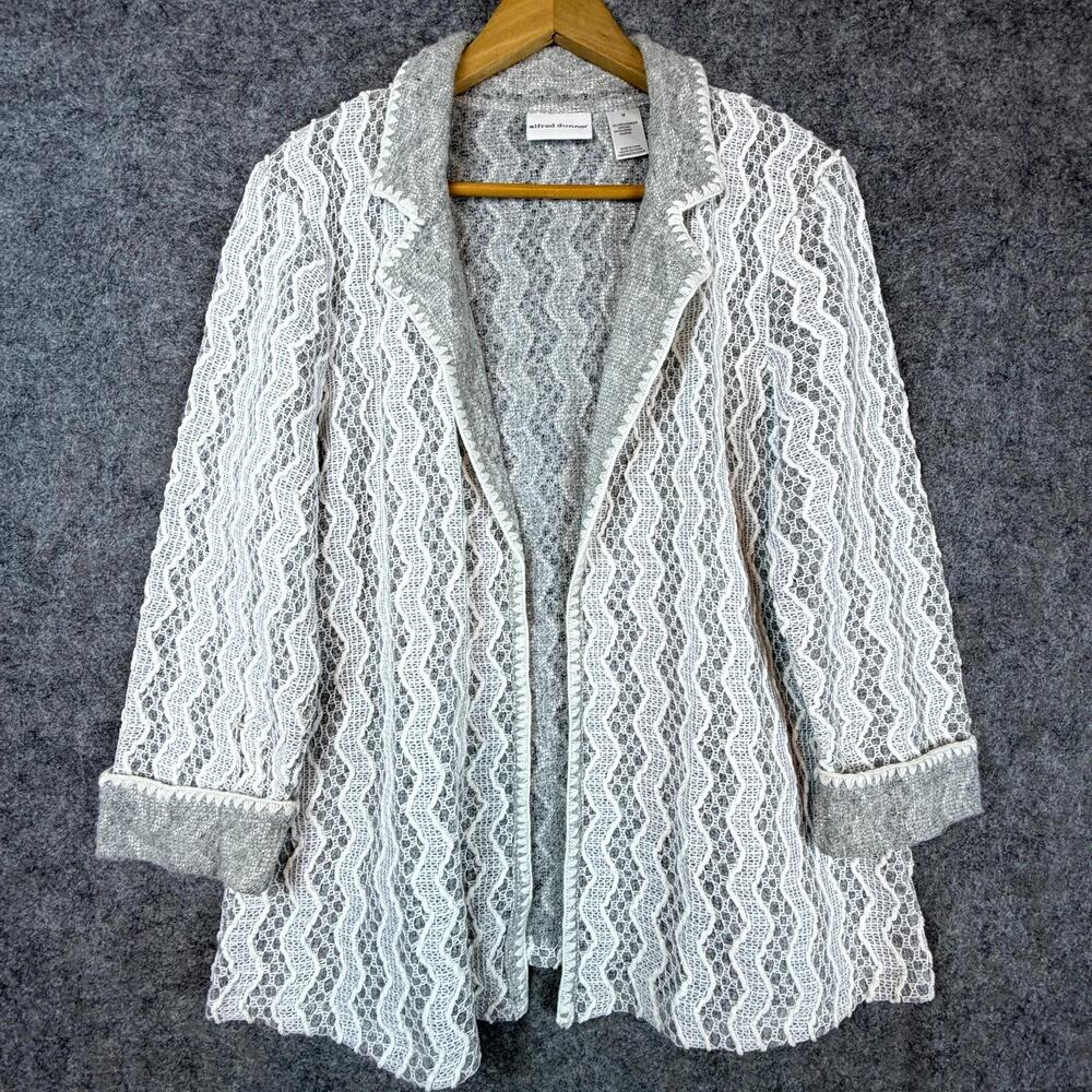 Alfred Dunner Blazer Womens 14 White Gray Crochet Quiet Luxury Grandma Chic